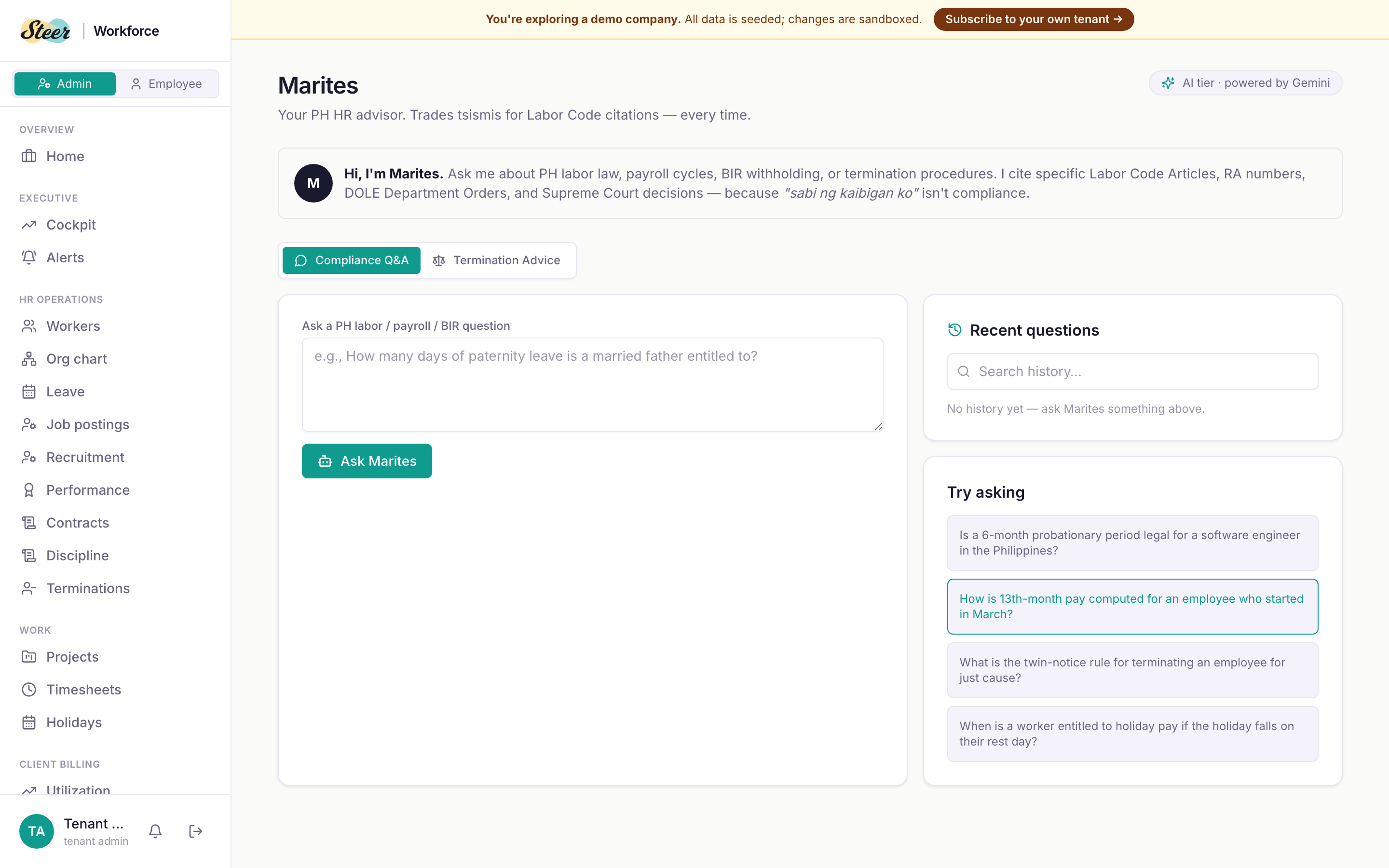 Marites — the Compliance Copilot — answering PH labor law questions. The interface shows a question prompt with suggested topics like 6-month probationary periods, 13th-month pay computation, and twin-notice rule for terminations.