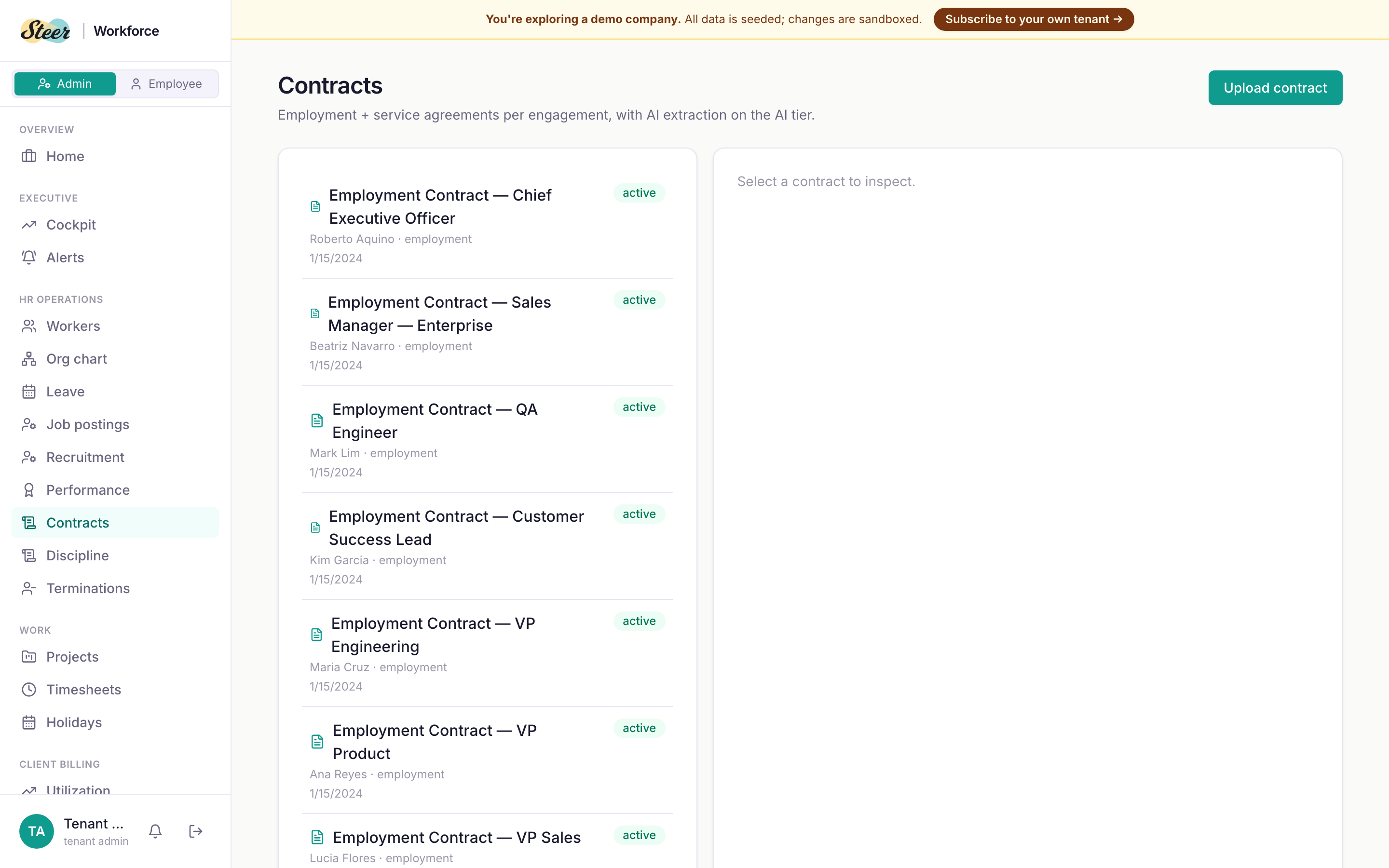 Contracts vault — signed PDFs, key terms extracted, renewal alerts at 60/30/14 days.