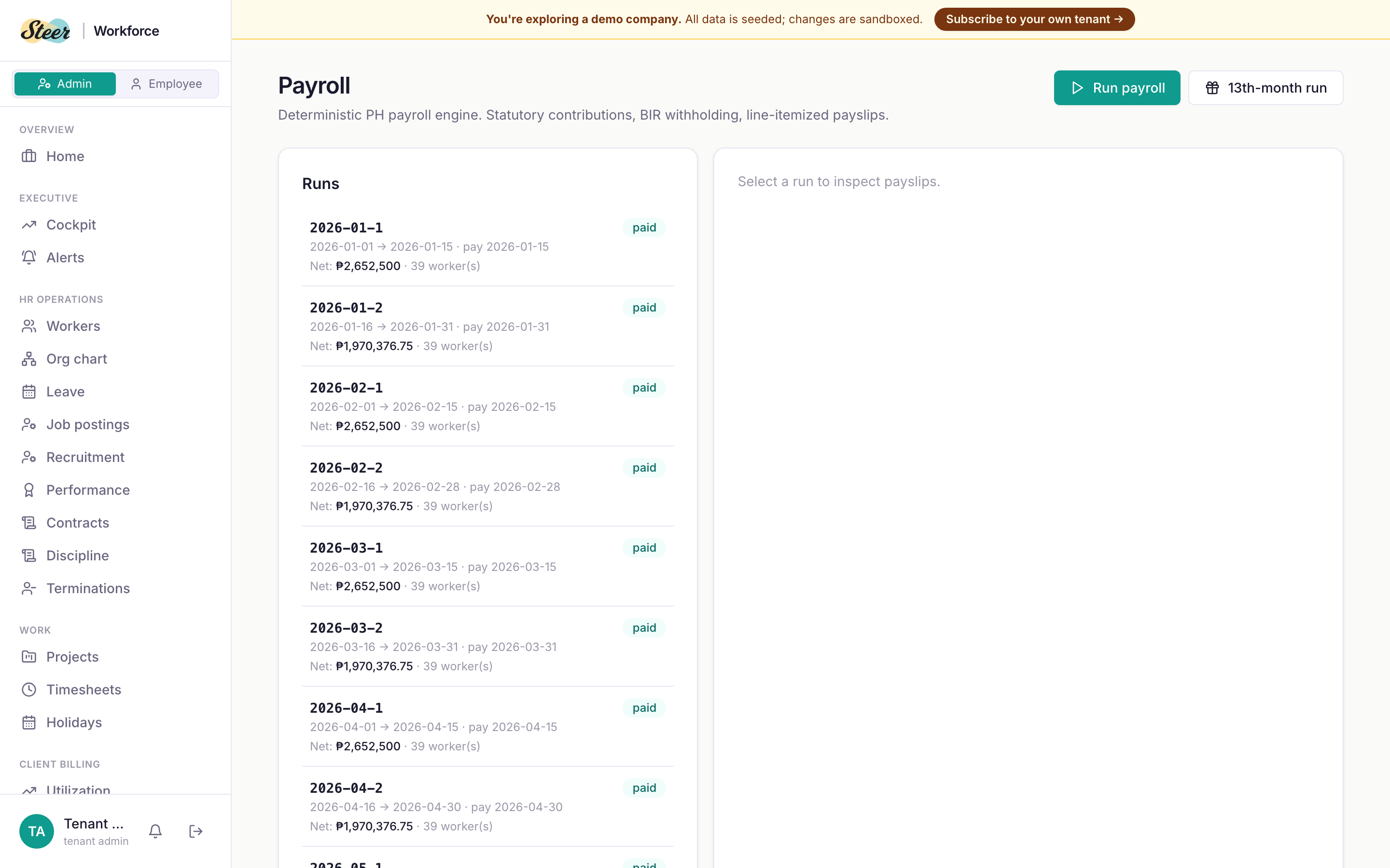 Payroll run — period, headcount, gross/net, statutory contributions, and BIR forms generated in one cycle.