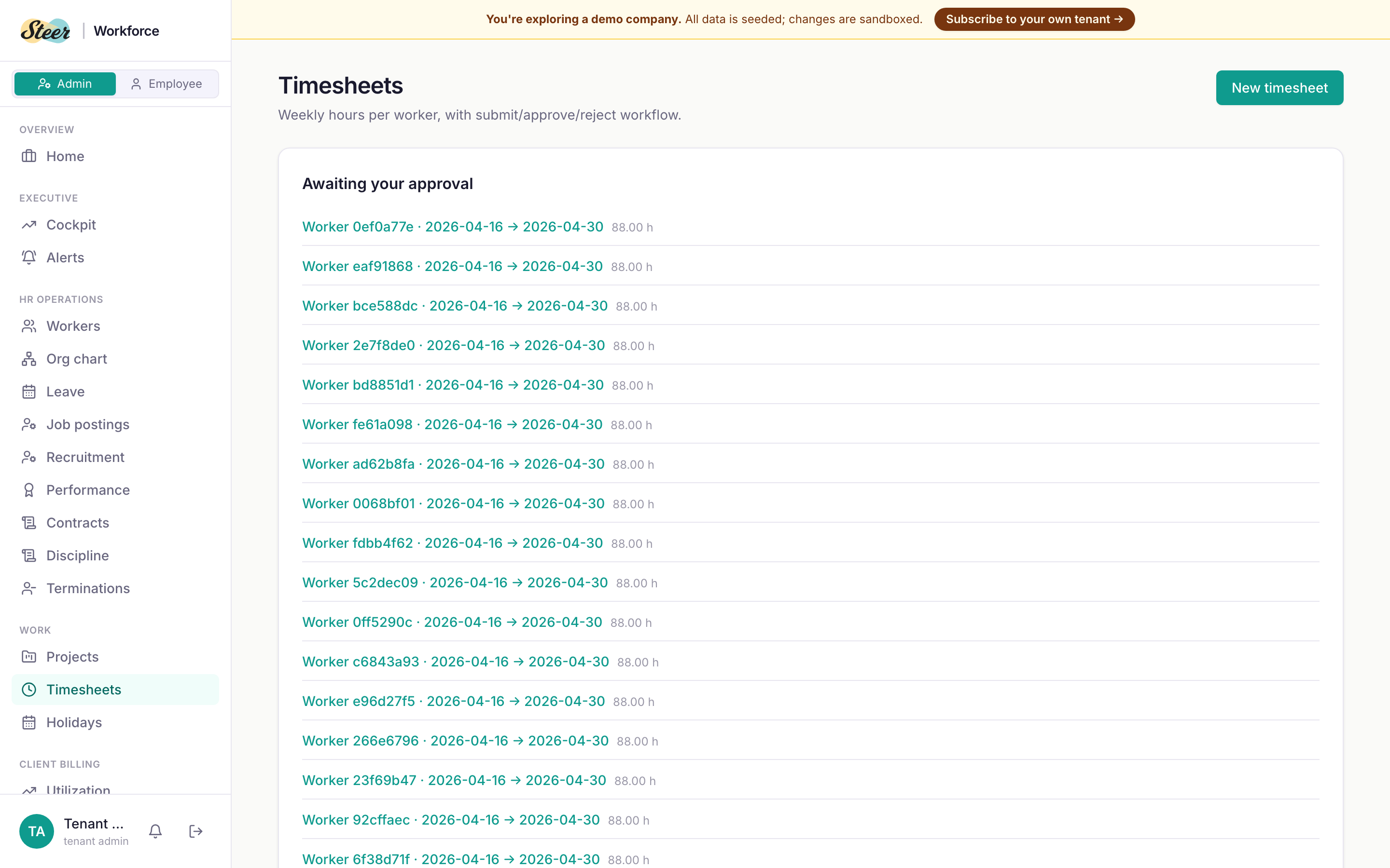 Timesheets — one entry feeds payroll, project billing, utilization, and statutory filings.