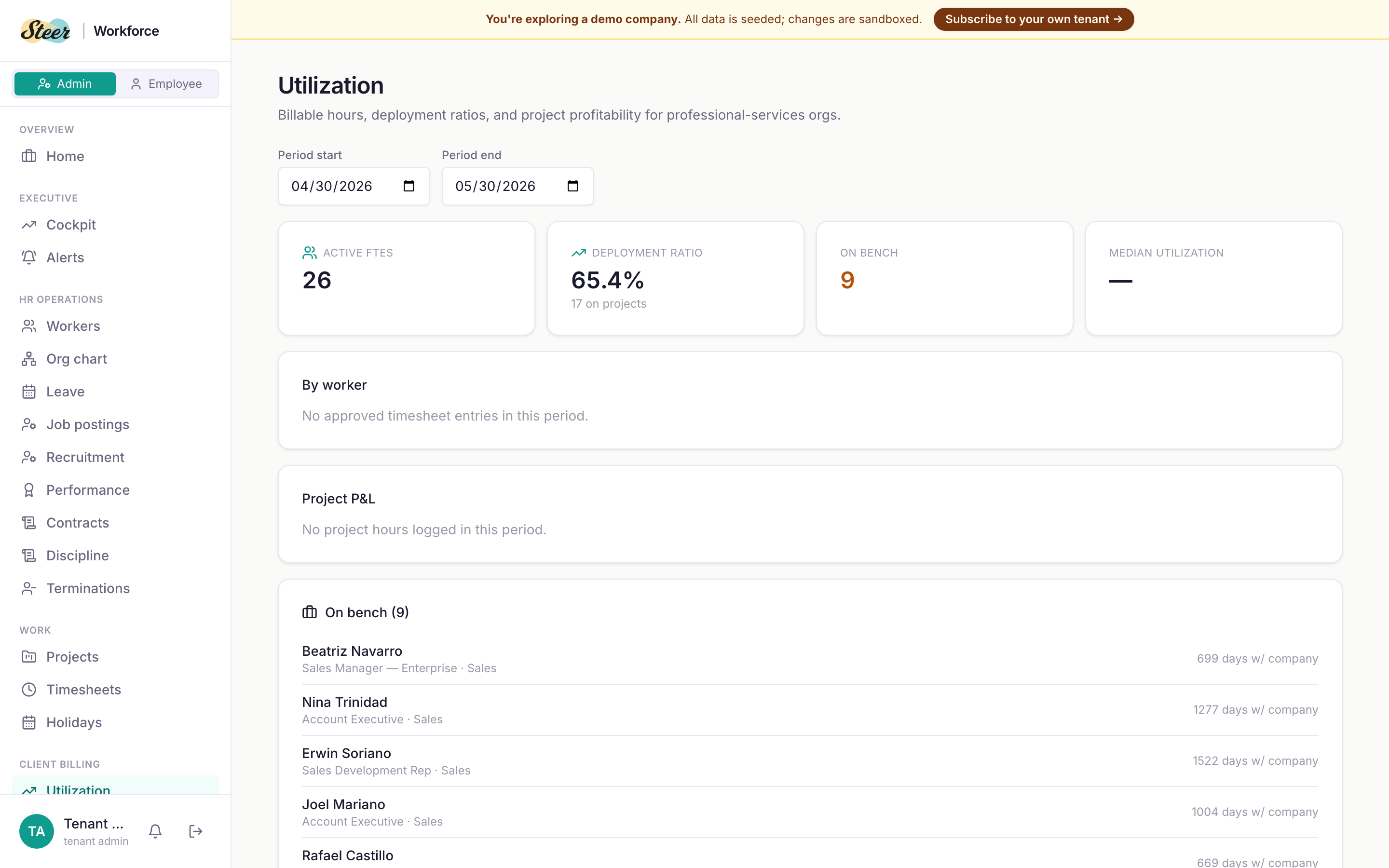 Utilization — billable hours, deployment ratio, project profitability for professional-services orgs. Shows active FTEs, deployment ratio, on-bench count, by-worker and by-project P&L breakdown, plus a list of bench workers with company tenure.