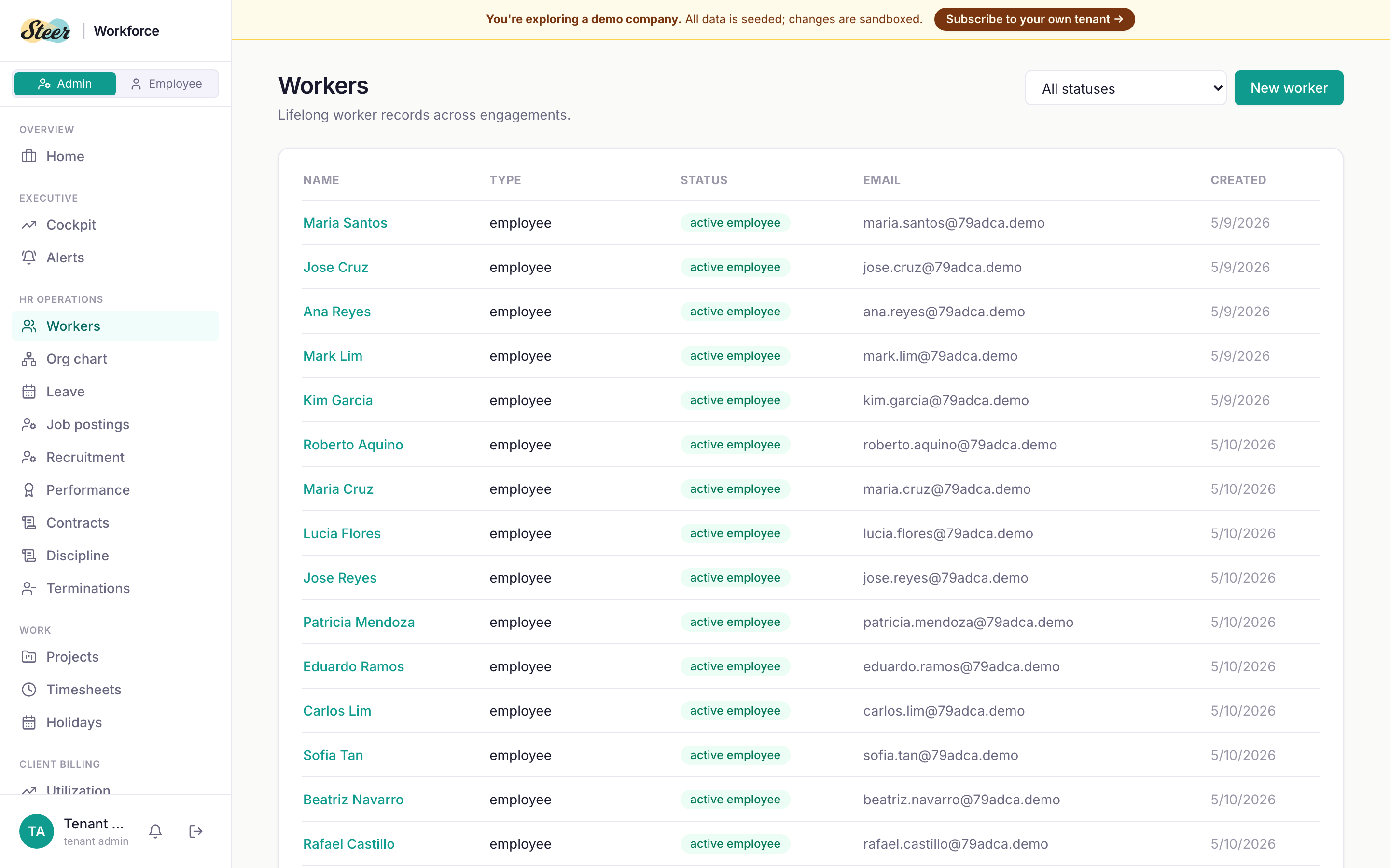 Workers list — the 201 file. Every employee, contractor, and alumnus in one place with engagement type, jurisdiction, and status.